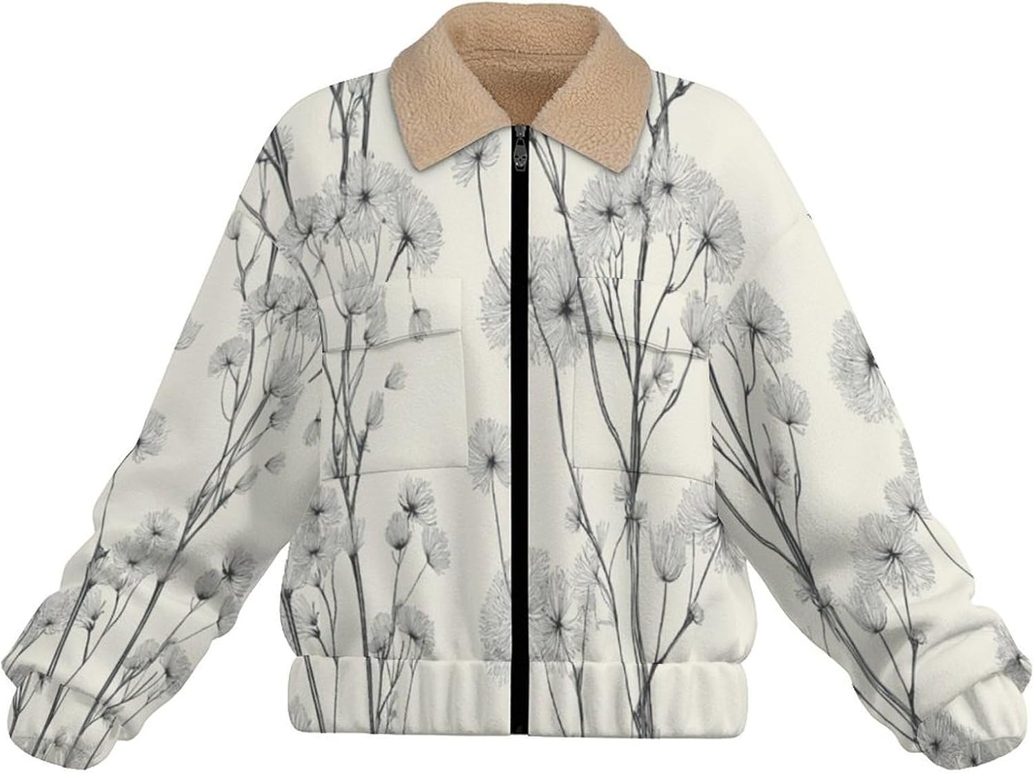 Women's Full Zip Soft Polar Fleece Jacket, Dandelion vine Printed Outdoor Coat, Long Sleeve Comfortable Outerwear