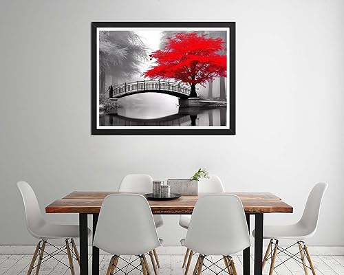 Miniatura 3 de Diymood Kits de pintura de diamantes 5D para adultos, paisaje, kits de arte de diamantes para adultos, puente de árbol rojo, redondo de taladro