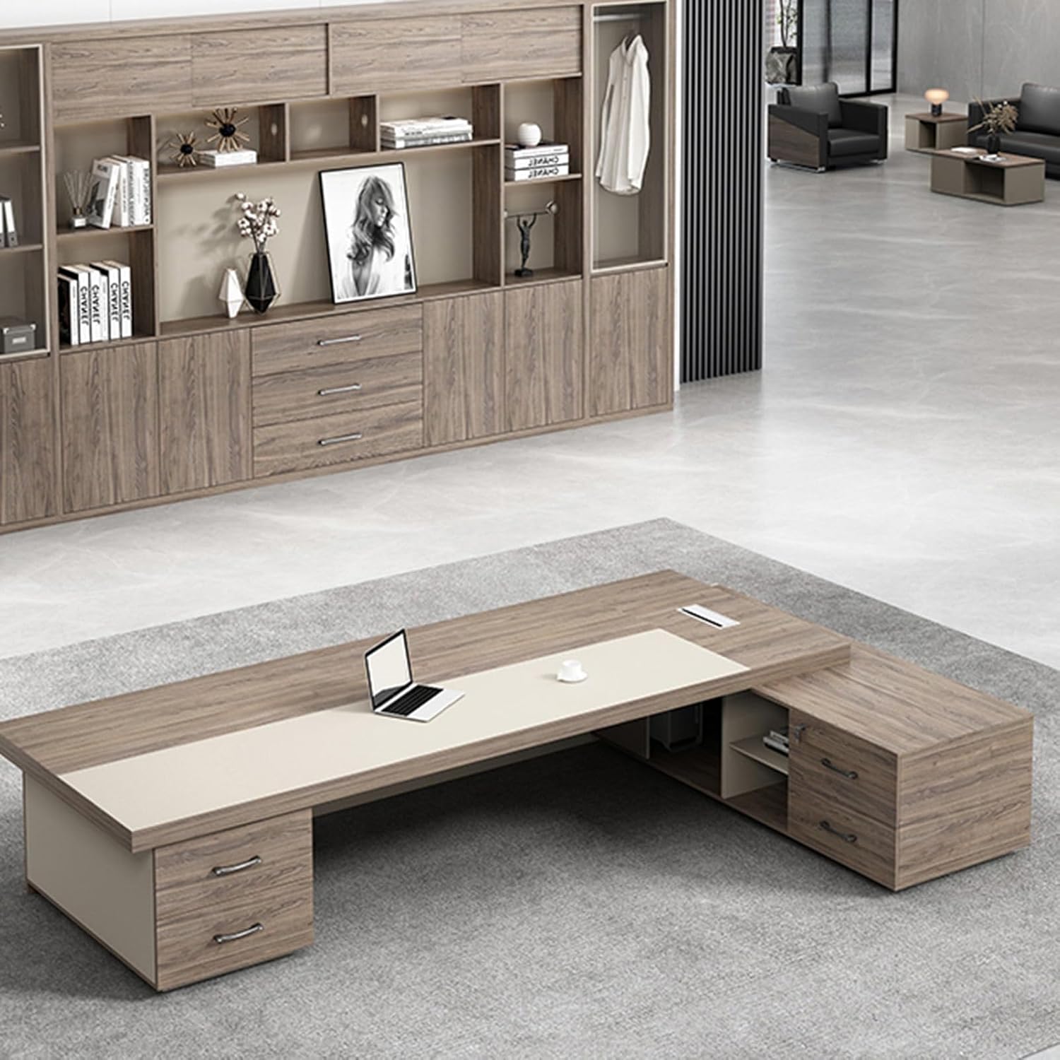 Wood L Shaped Computer Desk Executive Office Desk with File Drawers Writing Study Table Business Furniture Set for Home Office