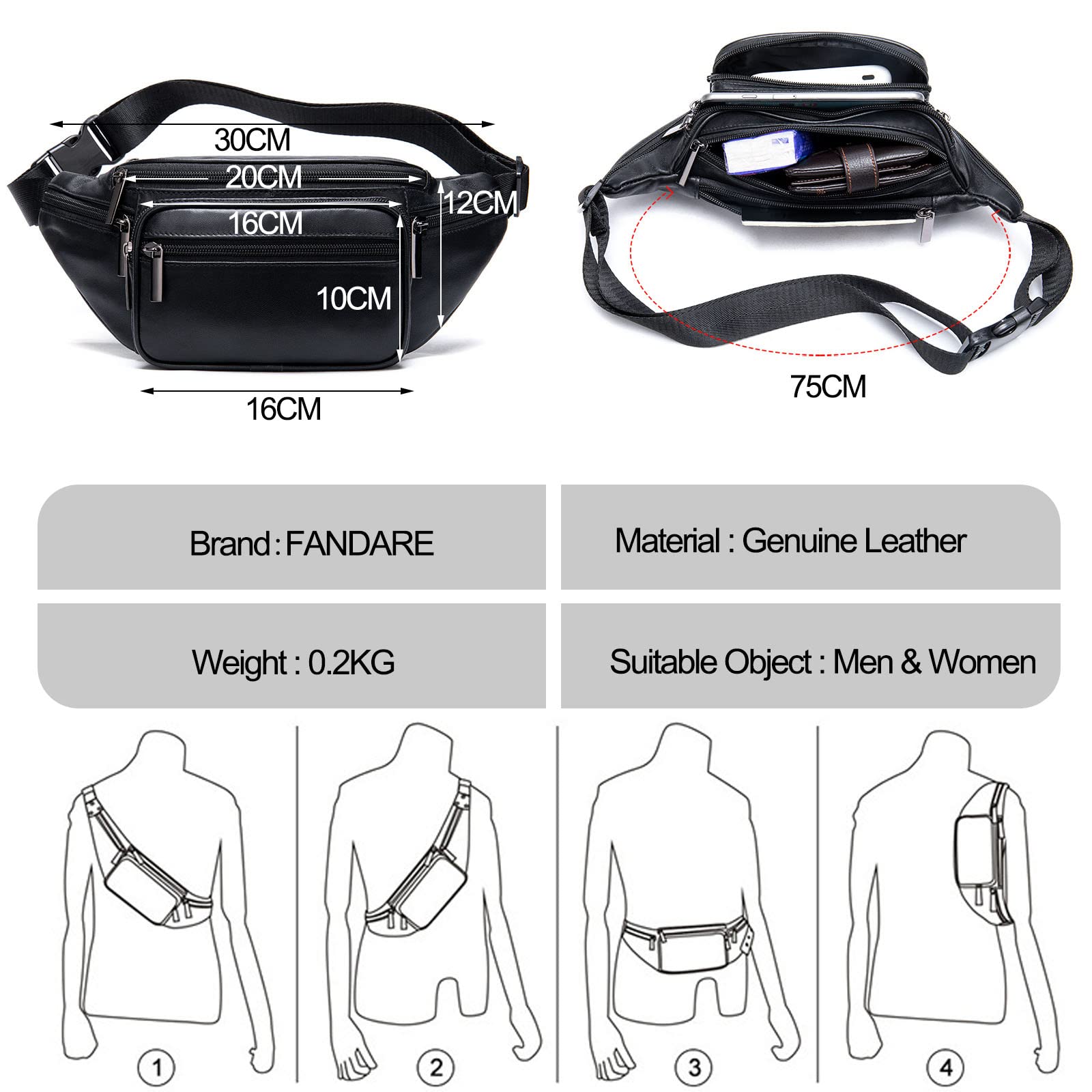FANDARE Riñonera Mujer Hombre Cuero Bolso Hombro Bolsa de Pecho Retro Bolsa Cruzada Bandolera Impermeable Bolsos Bandolera Excursionismo Bolsos Bandolera para Escolar Viaje Crossbody Bag Negro A