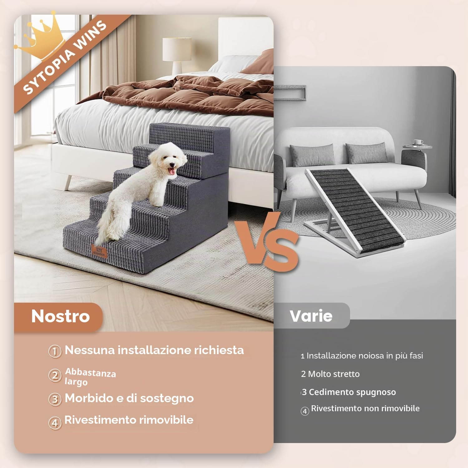 Sytopia Scaletta per cani di taglia grande, altezza 5 gradini, schiuma grigia, 76 x 40 x 57 cm