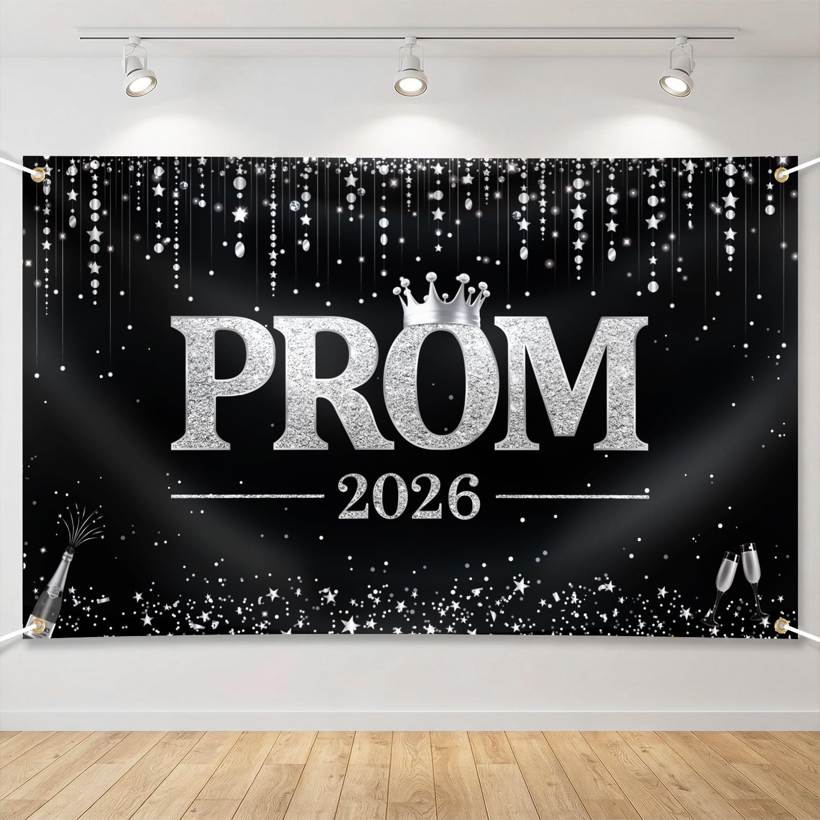 DOORIO Prom 2026 Banner Black Silver Prom Party Backdrop Decoration 72×43 Inch Large Prom Night Photo Backdrop 2026 Graduation Party Supplies