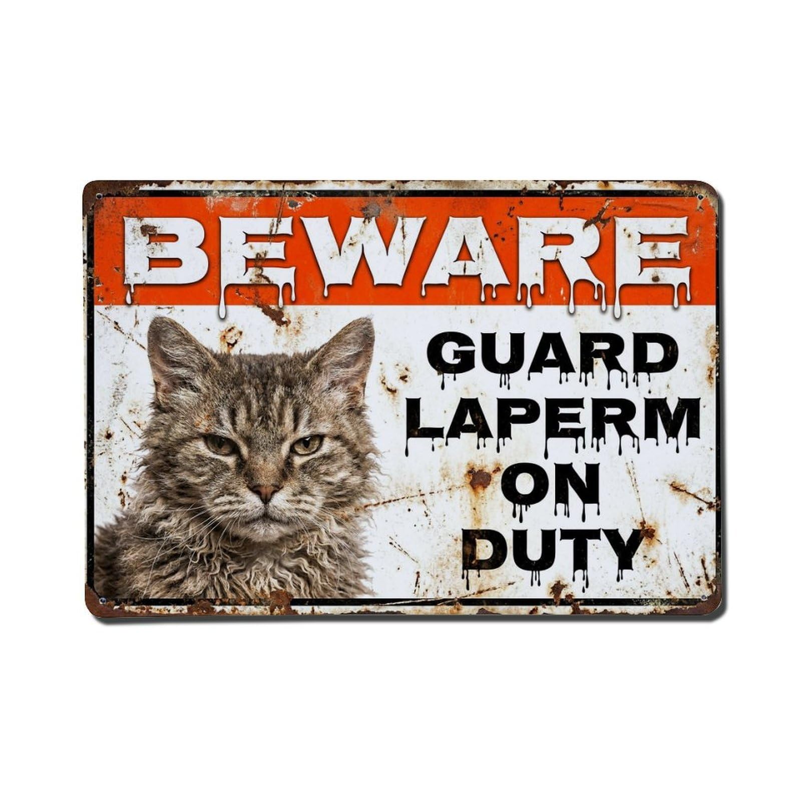 Vintage Funny LaPerm Guard Beware of Cat Landing Metal Tin Sign