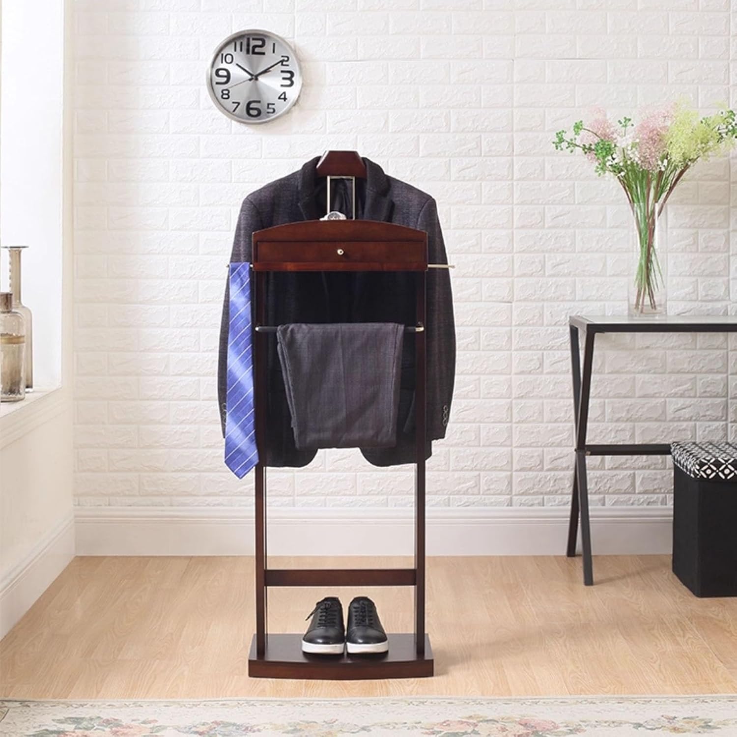 Wood Mens Valet Stand with Top Tray & Drawer, Suit Hanger Butler Clothing Racks with Base, Trouser Rod ＆ Tie Rack, Bottom Shoe Rack for Living Room, Bedroom, Office