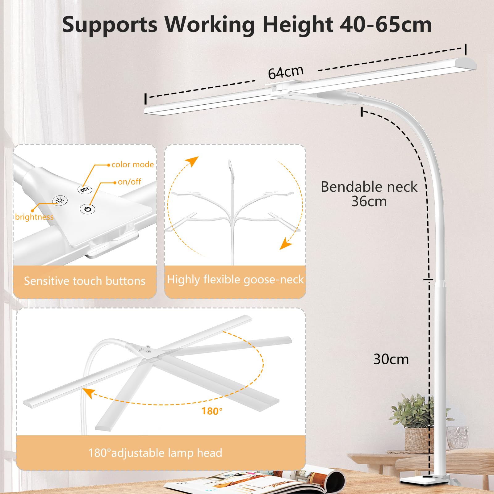 EppieBasic Lampe de Bureau Double Tête Réglable avec Pince Blanche