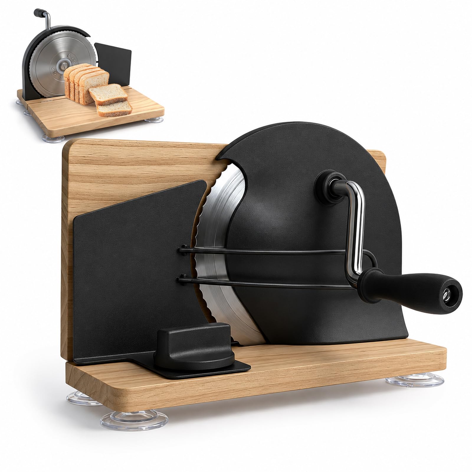 Manual Bread Slicer for Homemade Sourdough, Adjustable Thickness and Foldable Base, Stainless Steel Serrated Blade, with Engraved Scale Line Bread Guide Hand Crank Bread Cutter (Black)