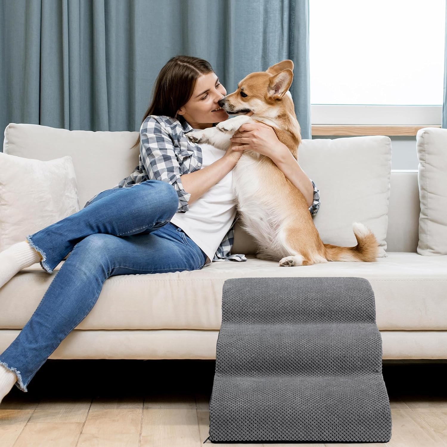 Marchepied pour Chien de 40 cm de Haut pour canapé, 40Wx60Lx40H | Marchepied en mousse pour lit ou fauteuil, escalier antidérapant pour animaux avec housse lavable
