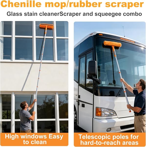 HA Bin Limpiacristales Profesional con Mango Extensible (400 CM), 2 en 1 Rasqueta de Silicona y Paño de Microfibra, Kit Limpiador de Cristales para Ventanas, Espejos, Coche, Ducha – Sin Rayas - 5