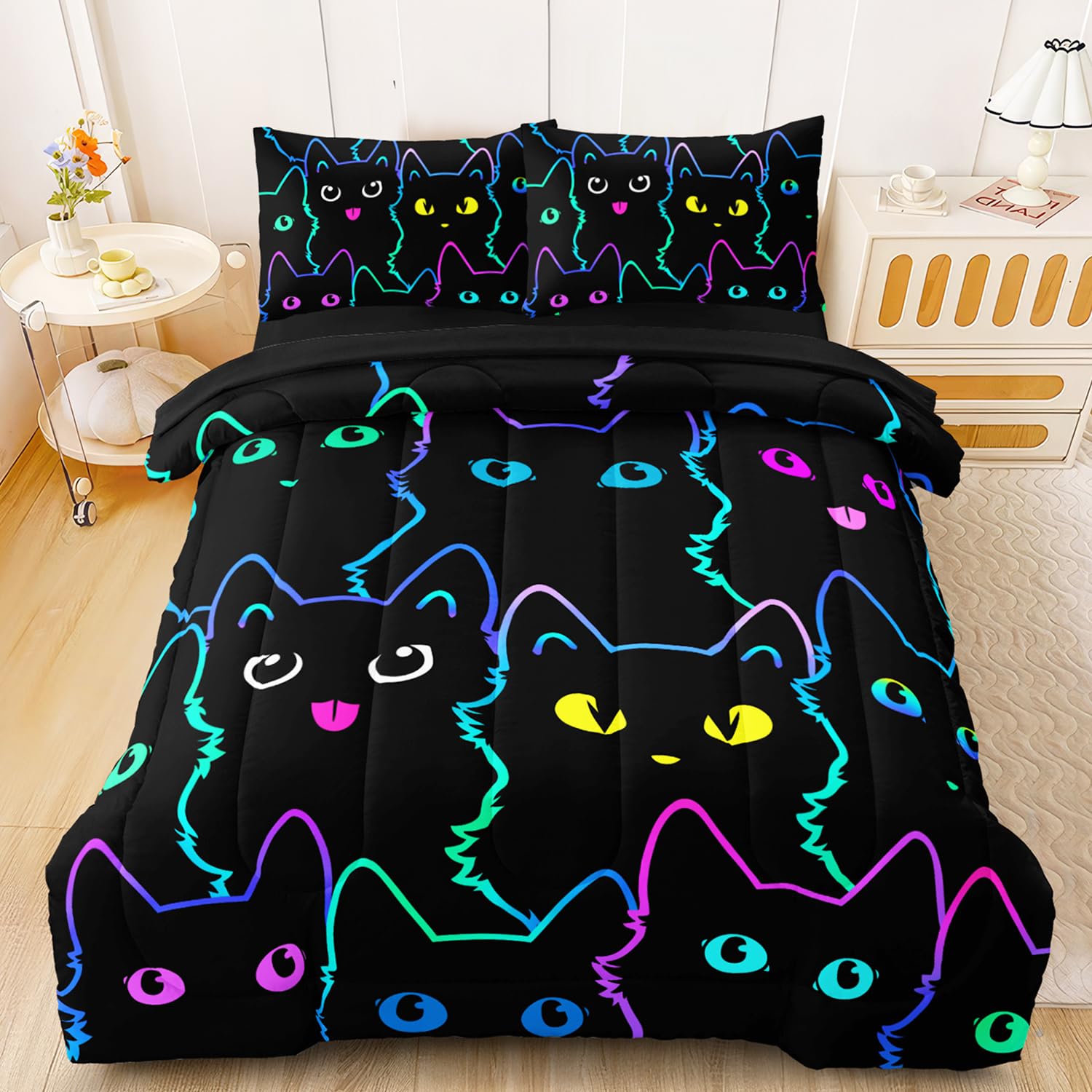 BERTSUCA 5 Pcs Cute Cat Twin Comforter Set for Girls, Soft Warm Lightweight Kids Comforter Bed in A Bag Twin Bedding Sets with Sheets