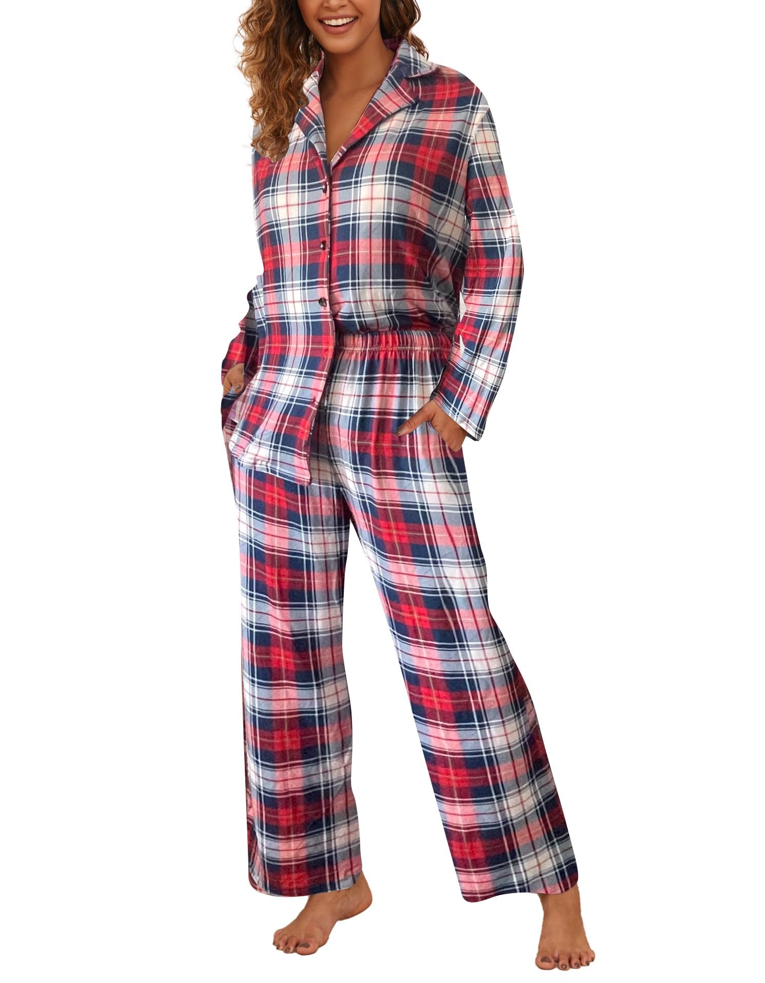FamulilyWomen Long Sleeve Pajama Set Plaid Loungewear Sets Button up Top and Wide Leg Pants S-XXL