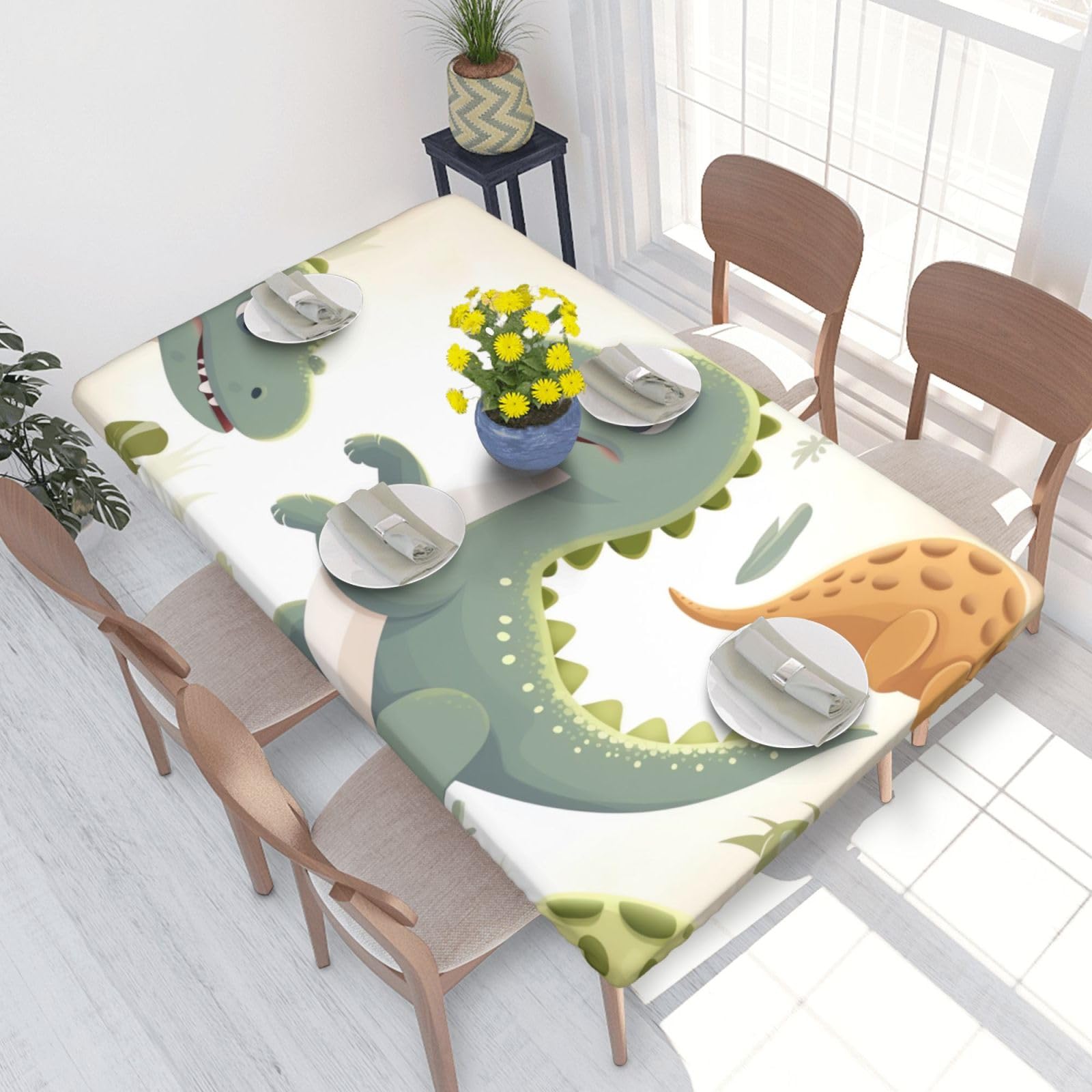 Cartoon Dinosaur Waterproof Square Table Cover Elastic Fitted Tablecloth Oil Proof Table Protector For 4ft Table