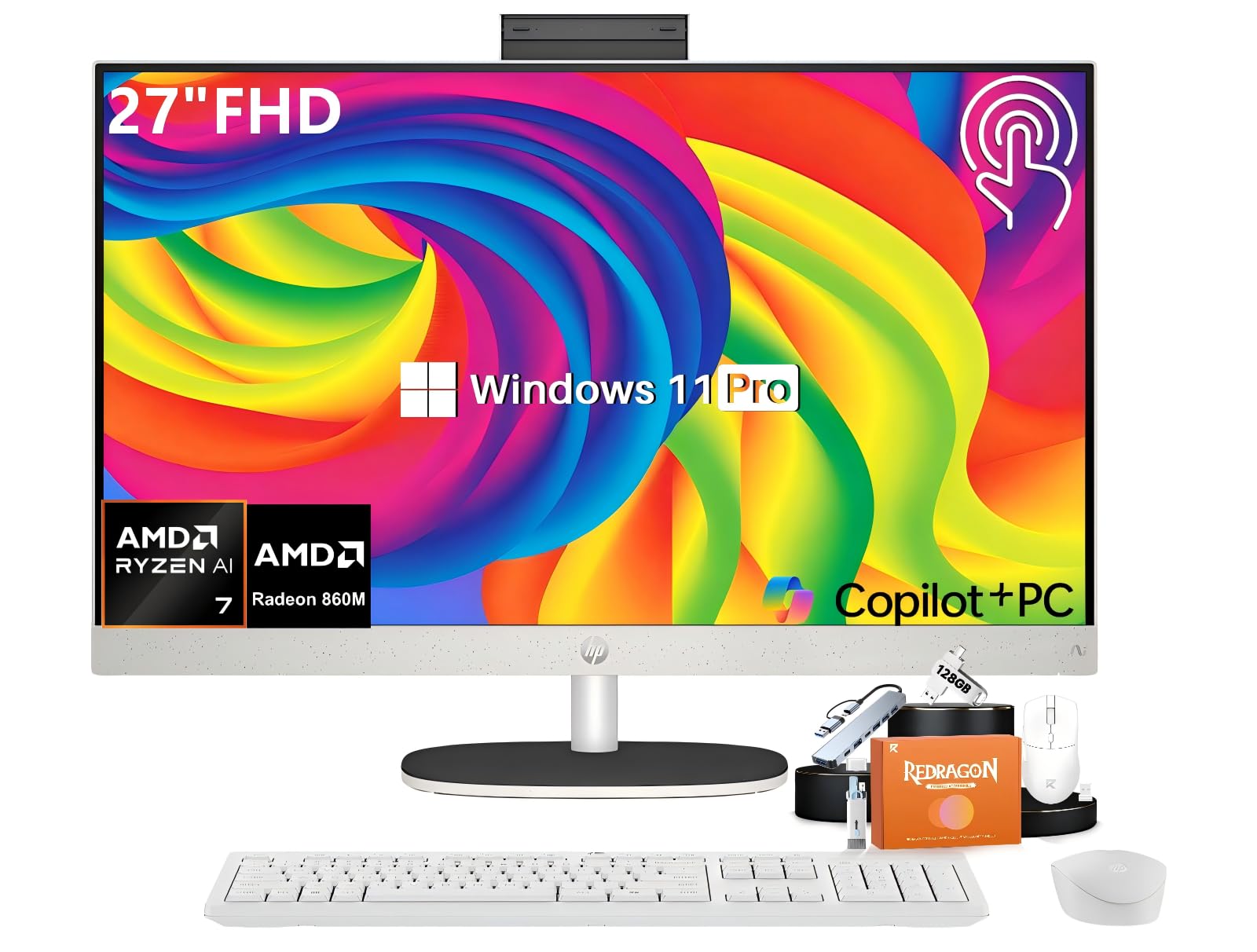 HP 27" All-in-One FHD Touchscreen Desktop Computer, AMD Ryzen AI 7 350(8-Core), 64 GB DDR5-5600 RAM, 4 TB SSD, AMD Radeon 860M GPU, Wi-Fi 6, BT 5.4, Windows 11 Pro, Copilot+ PC, Wireless KB and Mouse