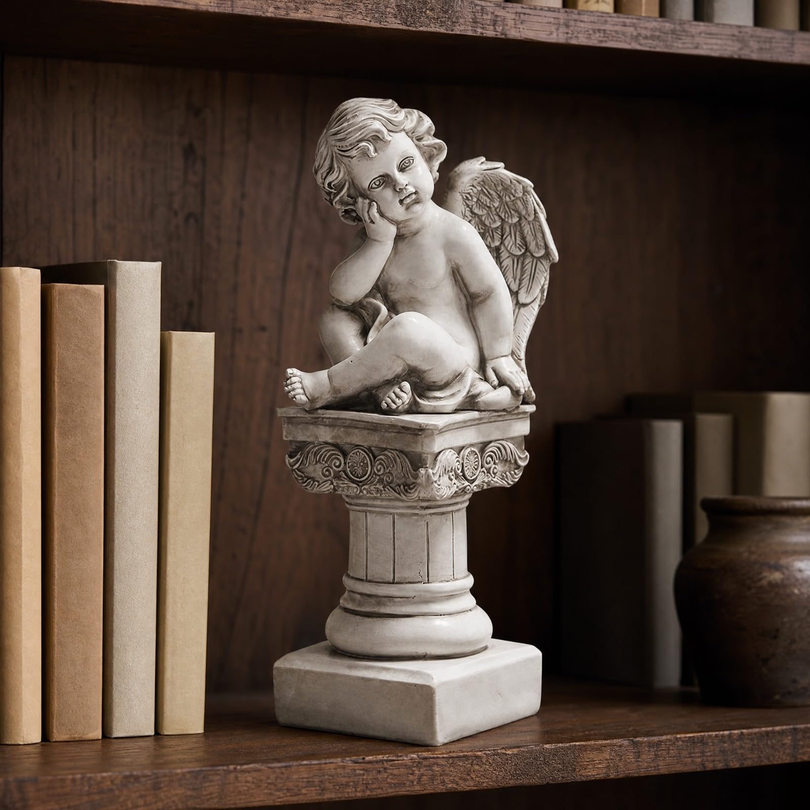 Milageto Sculpture d'ange sur Colonne Romaine Décoré Statue Colonne Romaine Antique Ornement pr, Ange Pensif
