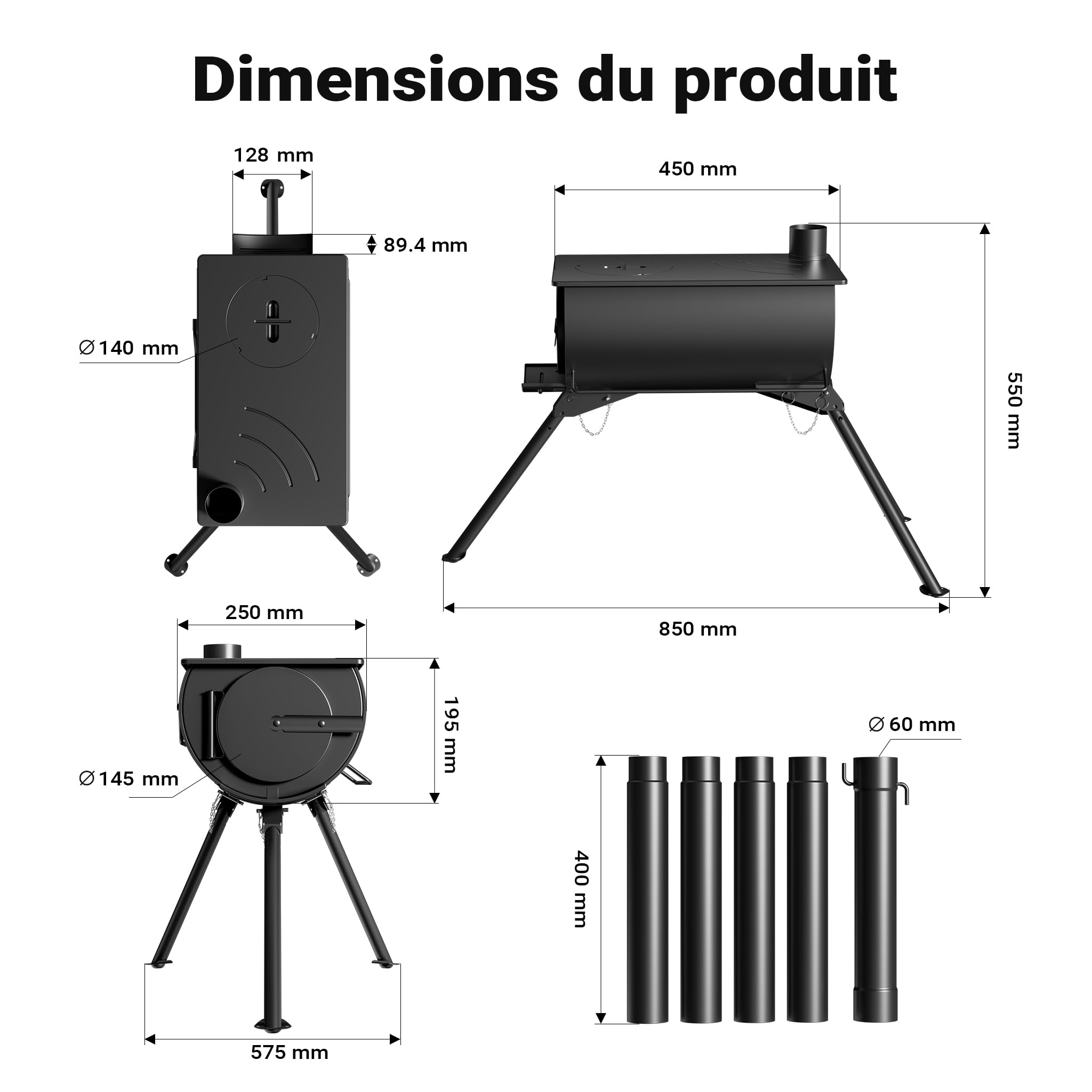 Wiltec Poêle pour tente de camping – 540 x 810 x 2387 mm – Acier doux – Poêle à bois portable et démontable pour randonnée, déplacement, aventures, chauffage