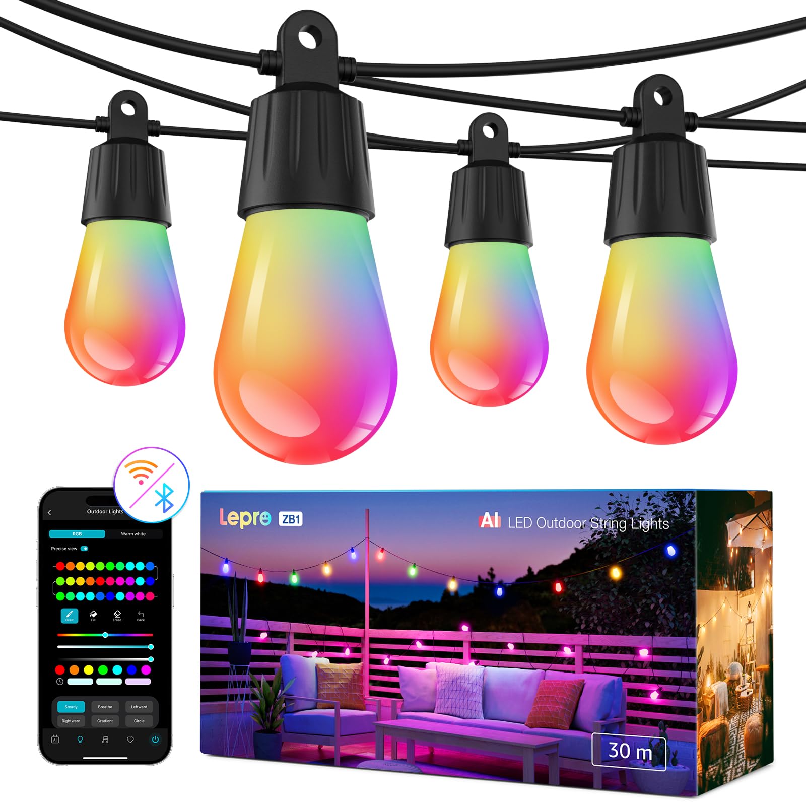 Lepro ZB1 AI LED Lichterkette Außen 30m, RGB+Warmweiß Smarte LED S14 WLAN Glühbirnen,App-Steuerung,Funktioniert mit Alexa&Google,IP65,Personalisierter KI-Lichtdesigner,ohne Fernbedienung, 30 LEDs