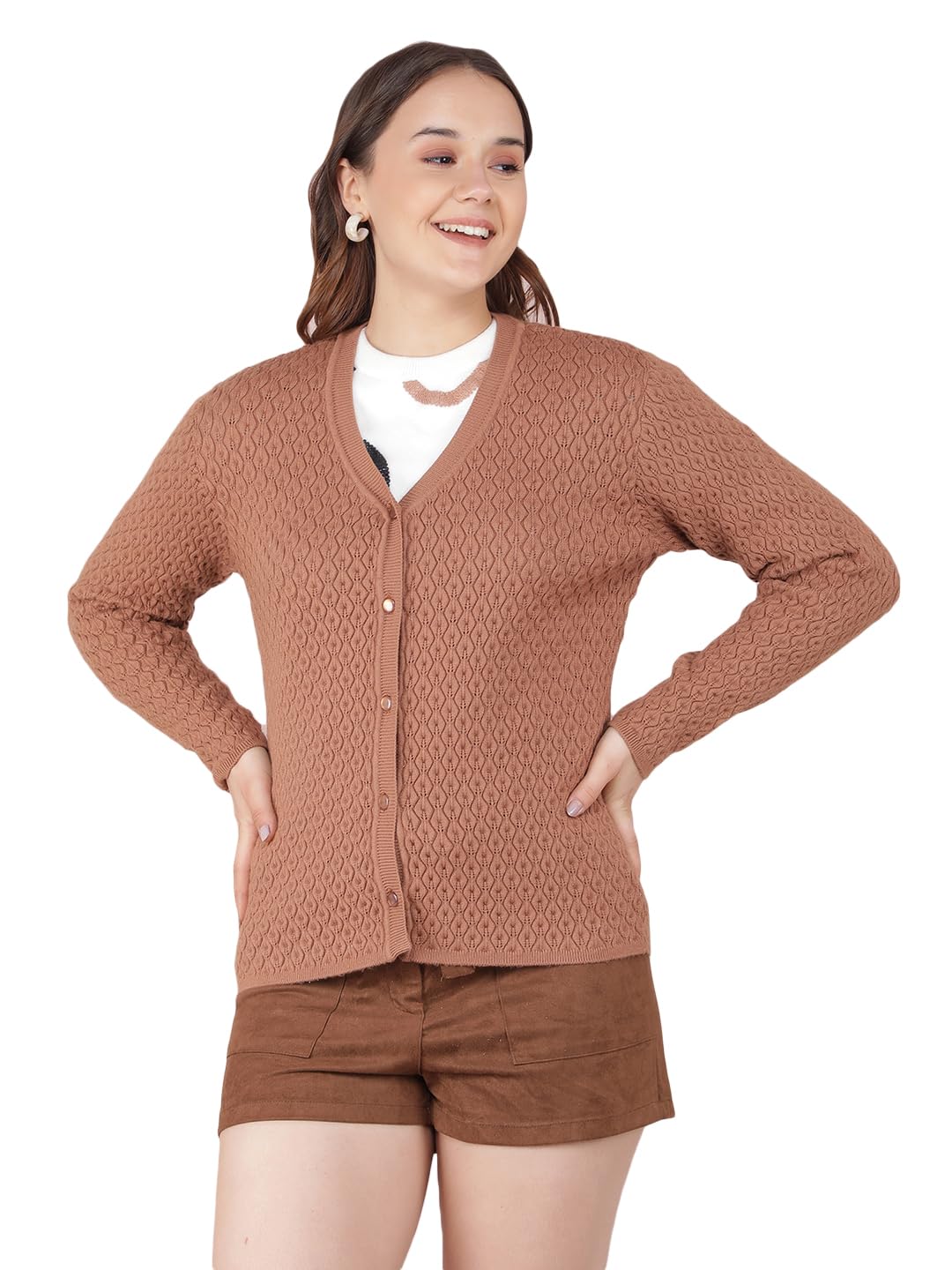 Women's Brown Jacquard V-Neck Cardigan-image-37