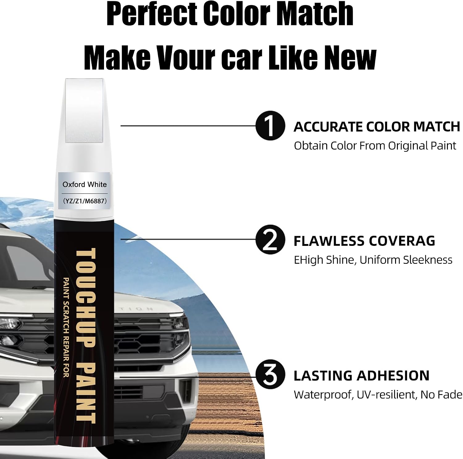 Oxford White(YZ/Z1/M6887) Car Paint Touch Up Pen Compatible with Ford,2-In-1 Color Accurate Touch Up Car Scratch Repair Paint Exact Match Ford Series Automotive Scratch Remover for Nicks&Chips Repair