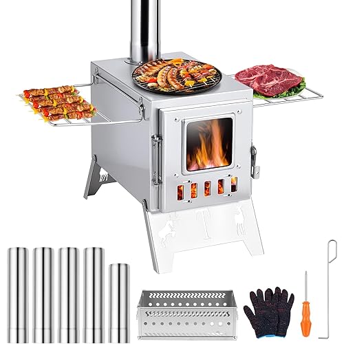 Hot Tent Stove, Wood Burning Stove, Portable Wood Stoves with 5 Stainless Pipes and Stone Box, for Outdoor Camping Heating & Cooking, Hunting, Ice Fishing, Boiling Water