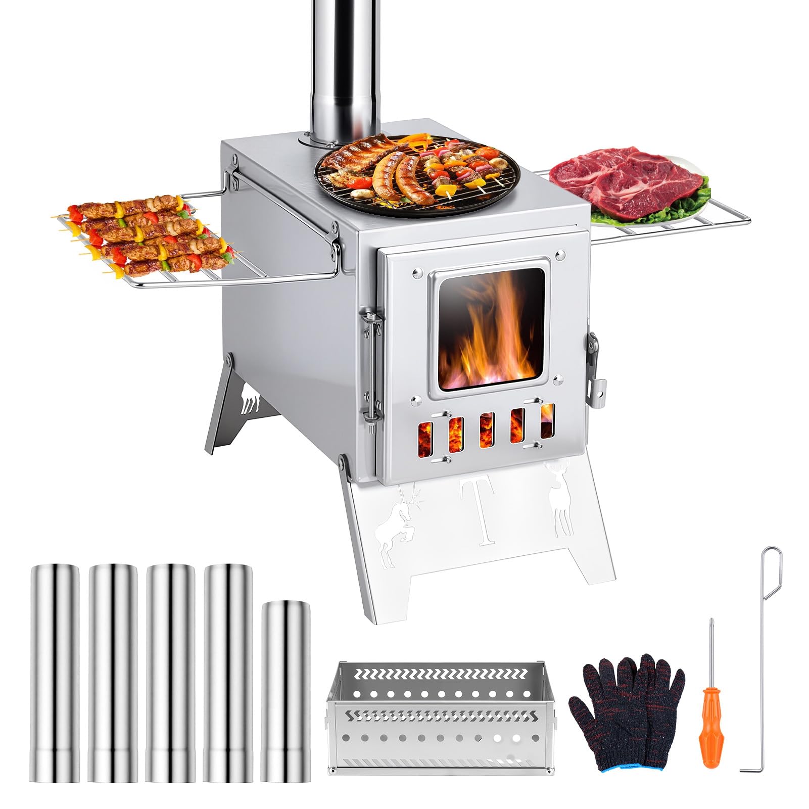 gihusrzx Hot Tent Stove, Wood Burning Stove, Portable Wood Stoves with 5 Stainless Pipes and Stone Box, for Outdoor Camping Heating & Cooking, Hunting, Ice Fishing, Boiling Water Stainless Steel