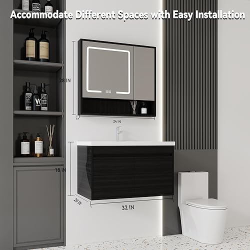 Miniatura 70 de Tocador de baño de 20 pulgadas con lavabo de cerámica, tocador de baño pequeño montado en la pared con puerta de cierre suave, gabinete flotante