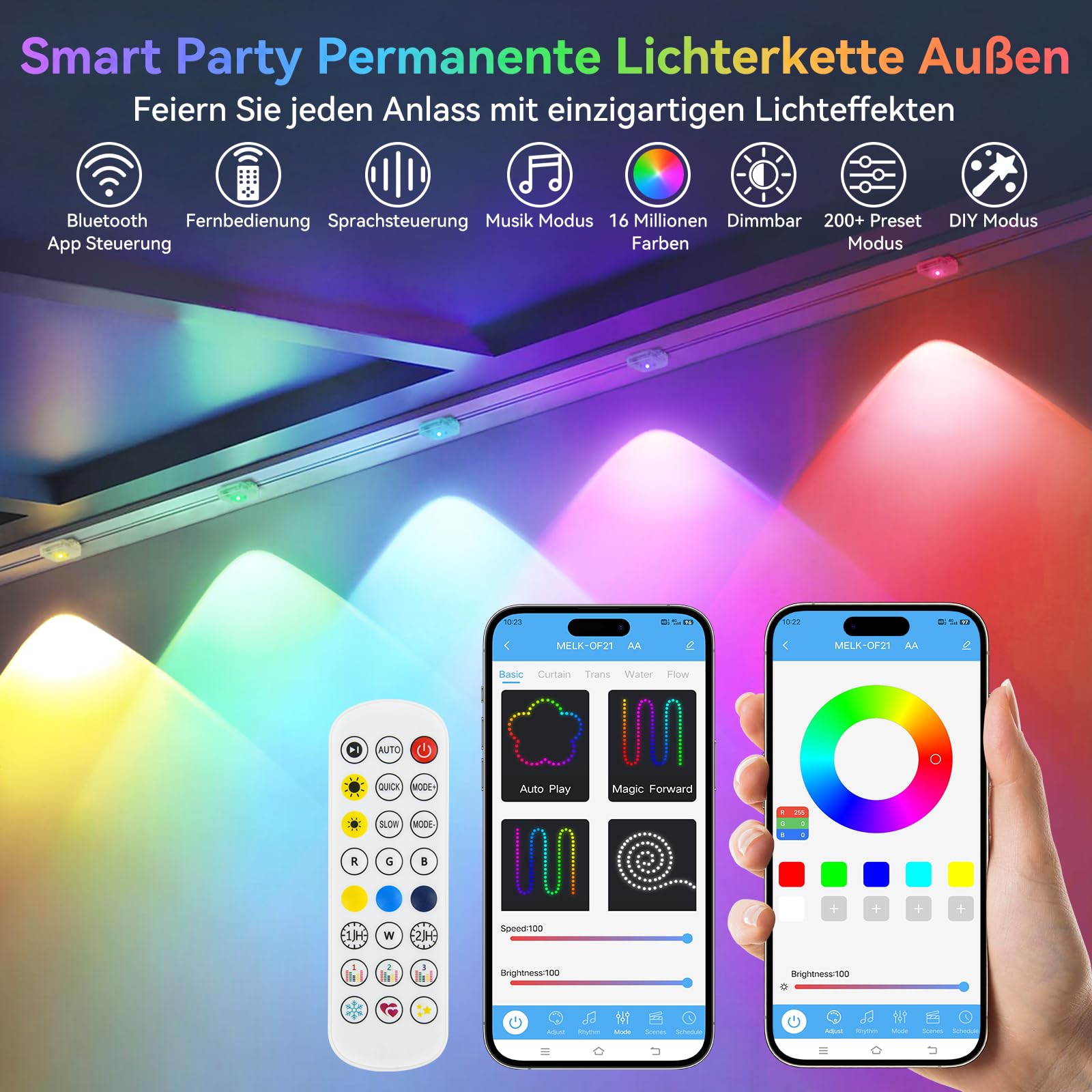 Guirlande Lumineuse Extérieure Permanente 15M 30 LED RGBIC Guirlande Lumineuse Exterieur Multimode, APP et Télécommande, IP65 Étanche pour gouttières, Plafonds et Balcon