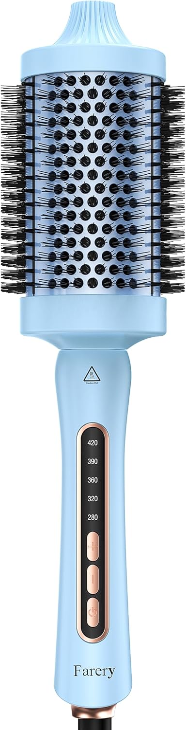 Farery 2.4" Thermal Brush: Large 60mm Barrel Heated Round Brush, Triple PTC, 5 Heat Settings 280-420°F, Dual Voltage for Long Hair Volume, Curls & Waves