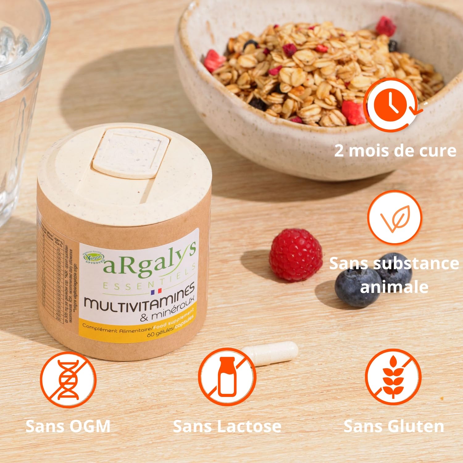 Multivitamines et minéraux (2 mois) - 20 Nutriments - Vitamines A, B, C, D3, E, K1 et H - Iode, Sélénium + Magnésium - Homme/Femme - Vegan - 60 gélules fabriquées en France - Argalys Essentiels