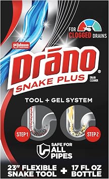 أداة ونظام جل Drano Snake Plus، تصريف الثعبان مع جل إزالة انسداد التصريف، يفتح ويزيل الشعر والانسدادات، أداة الخط التجاري 16 أونصة و23 بوصة