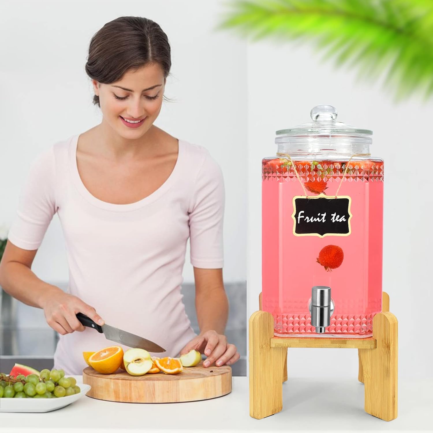 1.5 Gallon Glass Beverage Dispenser With Stand(Natual Bamboo). Water Drink Dispensers for Parties With Stainless Steel Spigot 100% Leakproof.Perfect For Parties And Daily Use.