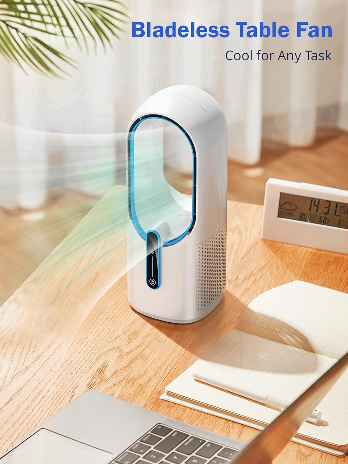 Misby Desk Fan, 11.8 Inch Portable Bladeless Fan, Small Office Rechargeable Fan with 5000mAh Battery, 3 Adjustable Speeds, Touch Control, Easy to Clean, Quiet Table Fan for Bedroom...