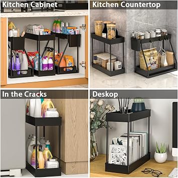 3PC Under Sink Organizer Rack 2 Tier Under Sliding Cabinet Basket Organizer Drawer, Multi-purpose Under Sink Storage for Bathroom Kitchen Desktop (Black)