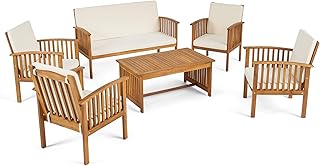 Great Deal Furniture GDFStudio Outdoor 6-Seater Acacia Wood Chat Set, Brown Patina Finish and Cream