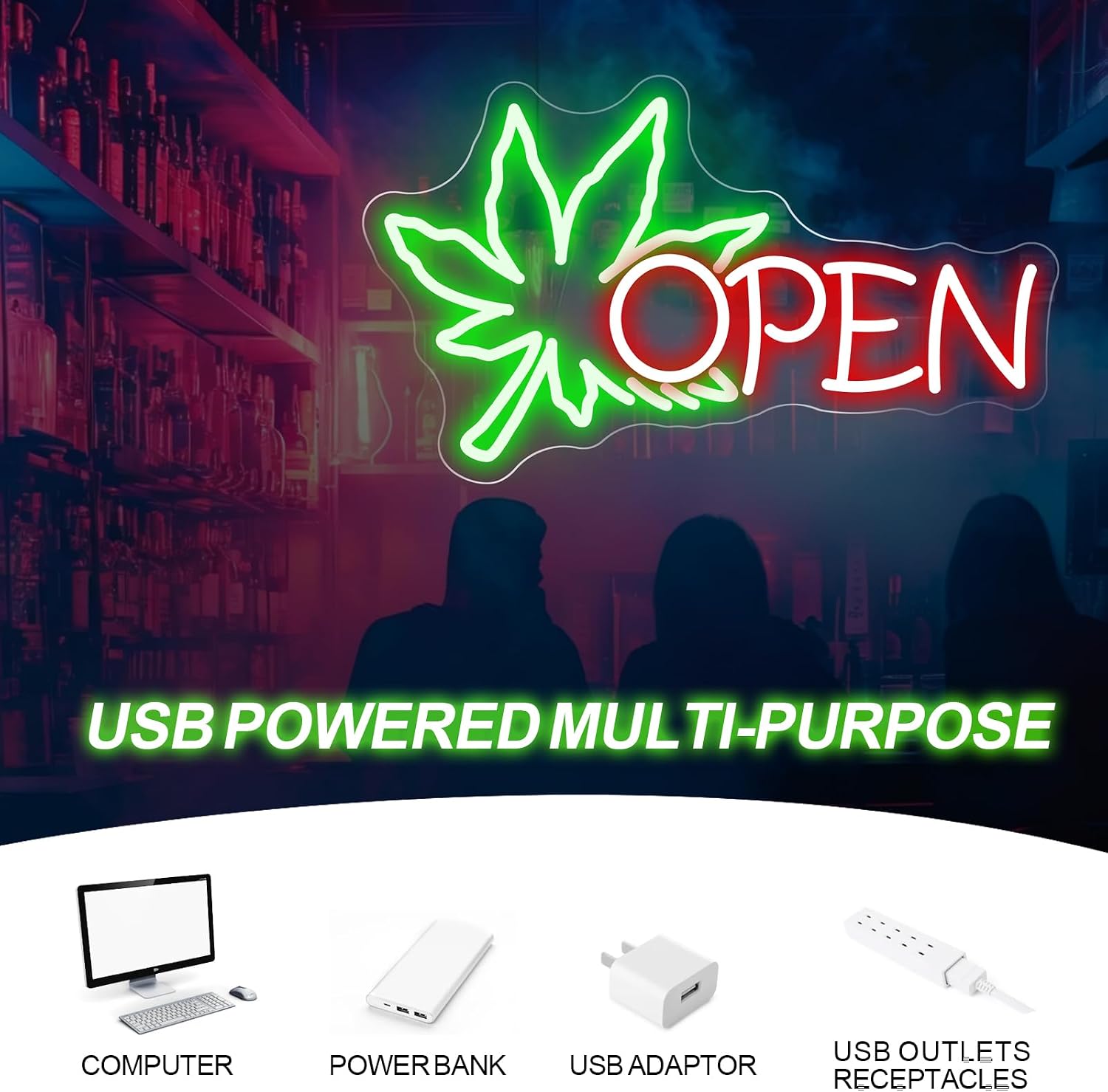Green Weed Leaf Open Neon Sign, Red OPEN Led Wall Light for Retail Store image 5