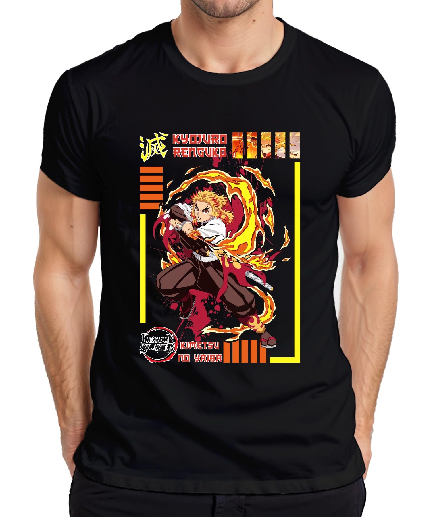Printera Men's Black Kyojuro Rengoku Demon Slayer Kimetsu No Yaiba Flame Hashira T-Shirt, M