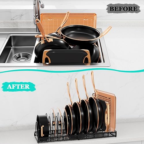 Miniatura 6 de AKSONMN Estante para ollas, organizador expandible para ollas y sartenes para gabinete, soporte para tapa de olla con 12 divisores ajustables,