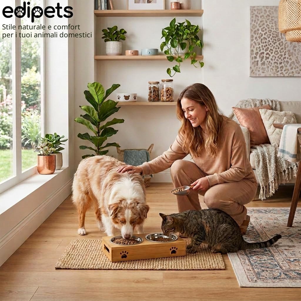 Edipets, Ciotole per Cani, Gatti, Abbeveratoio per Cani Gatti, Doppia e Tripla Rimovibile in Ceramica o Acciaio Inossidabile, Base Antiscivolo in Bambù (Acciaio Inox, Doppio)