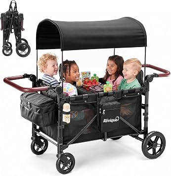 Rovique 4 Seater Wagon Stroller,Wagon Stroller for 4 Kids,Foldable (Black) | Removable Seats,All-Terrain Rubber Wheels,Removable Canopy,Snack Tray,Parent Cup Holder,5 Point Harness,Large Storage Bag