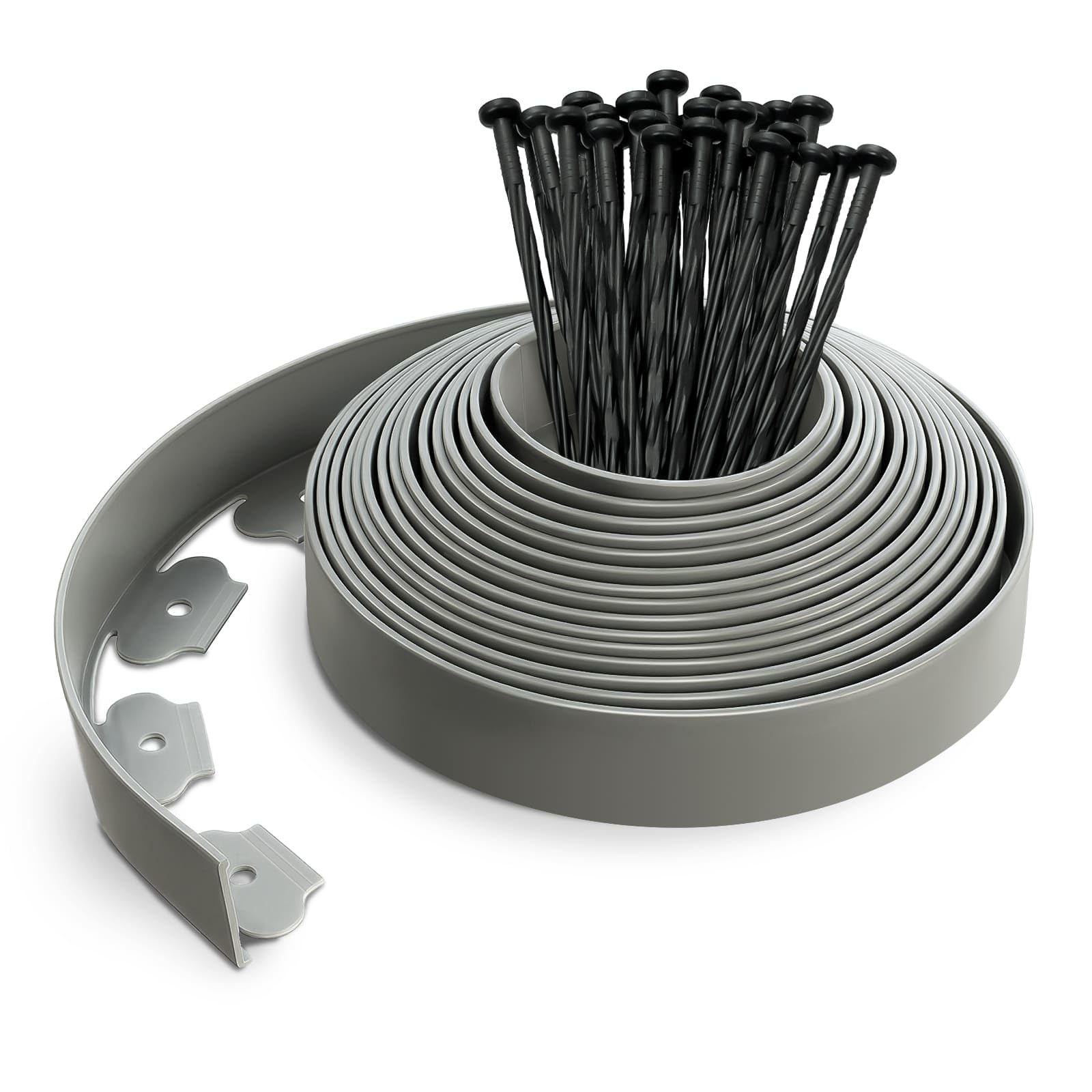 VOUNOT® Bordure de Jardin en Plastique 10 mètres avec 30 Piquets d'ancrage Bordurette de Pelouse Flexible Bordure de Gazon avec piquets Solides Idée de Jardin Hauteur 50mm, Epaisseur 4mm Gris