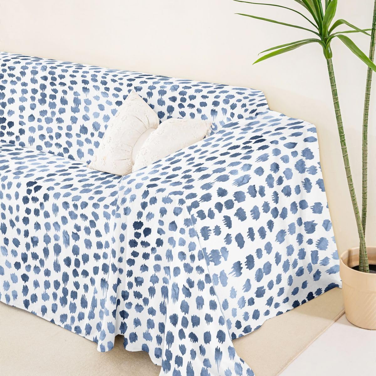 Erosebridal Blue Polka Dots Sofa Protector 71" x 118" Boho Geometric Spots Couch Cover Abstract Brush Stroke Sofa Slipcover Watercolor Aesthetic Couch Protector