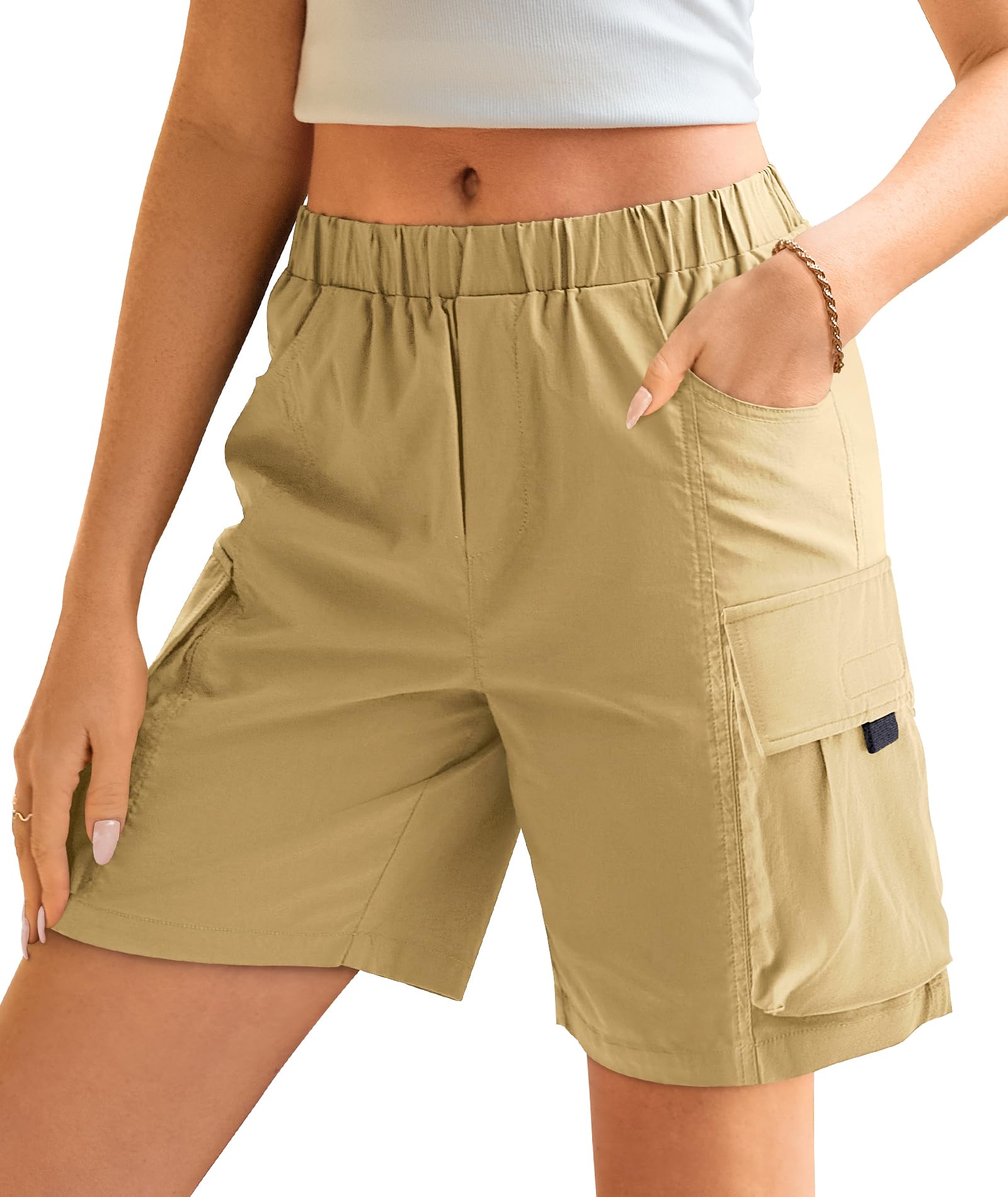 IVIR Summer Women 8" Cargo Bermuda Shorts Knee Length Long Shorts with Pockets Quick Dry Wide Leg Hiking Outfits
