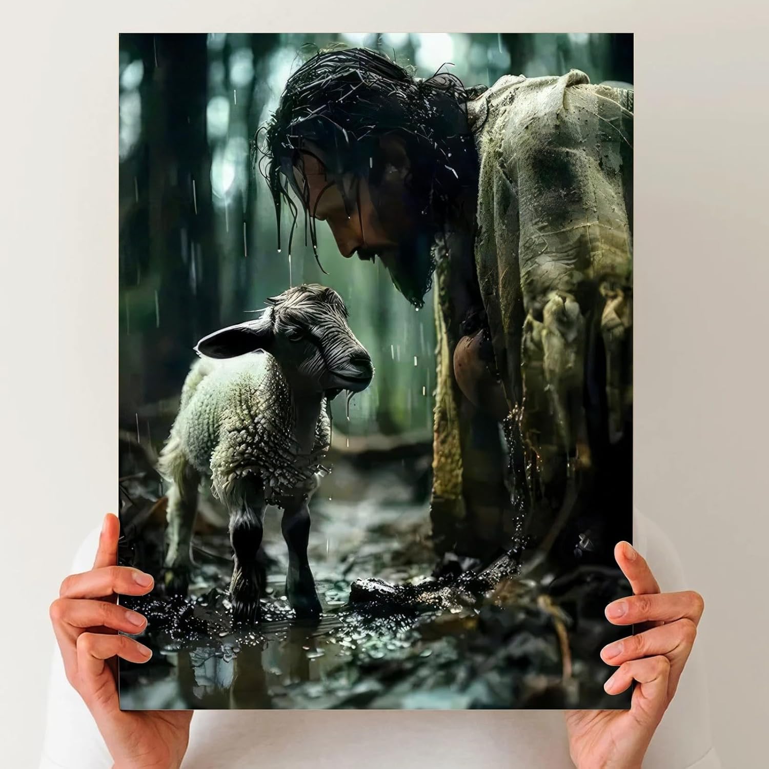 Framed Canvas Print Jesus and Lamb Canvas Wall Art Inspirational Christian Picture Print Home Decor Religious Poster Painting Spiritual Poster on Flat for living room Ready to Hang 16×24 Inch