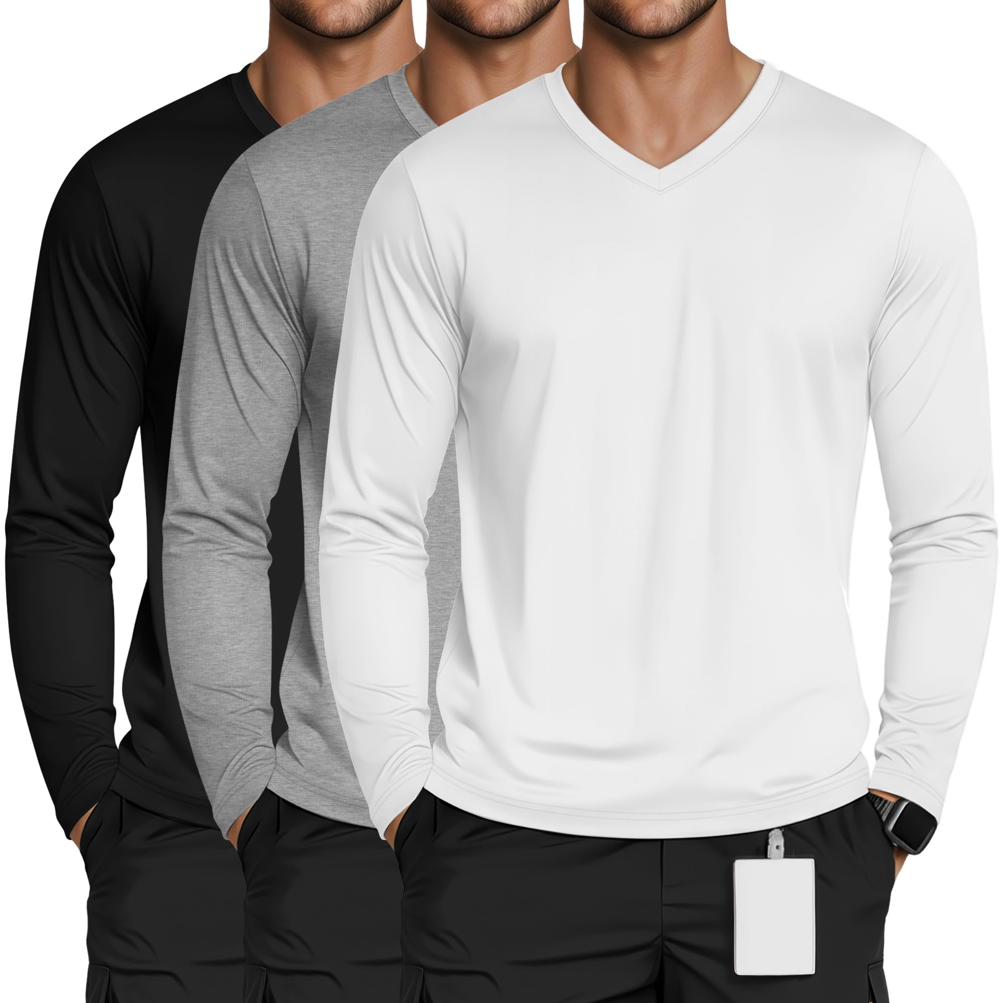 3 Pack Mens Long Sleeve Underscrub Nurse V Neck Scrub Undershirts Fitted Base Layer Tees for Medical Uniforms