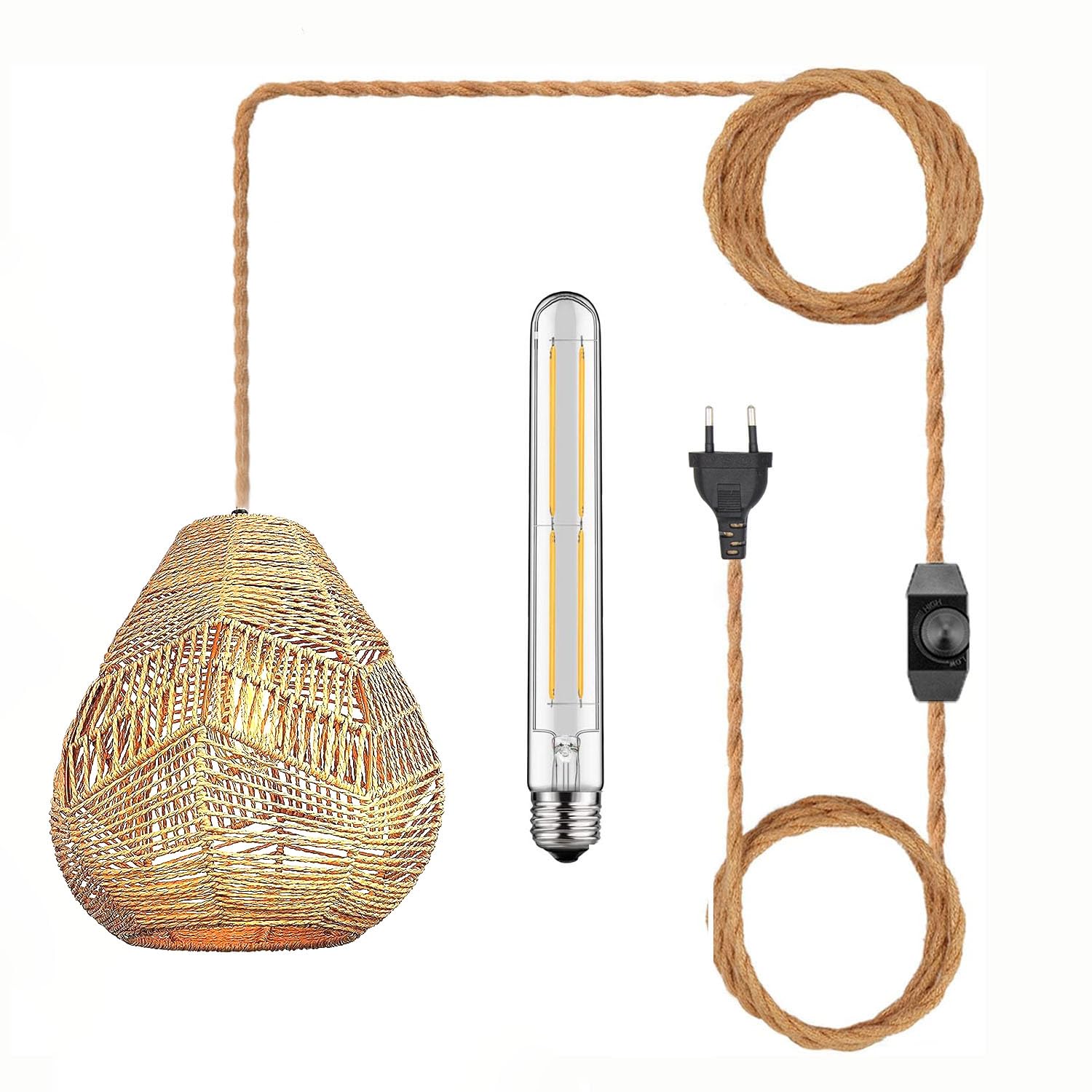 Pendelleuchte Kit mit Stecker Vintage Dimmbar Hängelampe Boho Rattan Lampe Plug in Hängeleuchte mit 4,5 Meter Seil Kabel E27 Handgewebte Lampenschirm Deckenleuchte für Küche Schlafzimmer Wohnzimmer