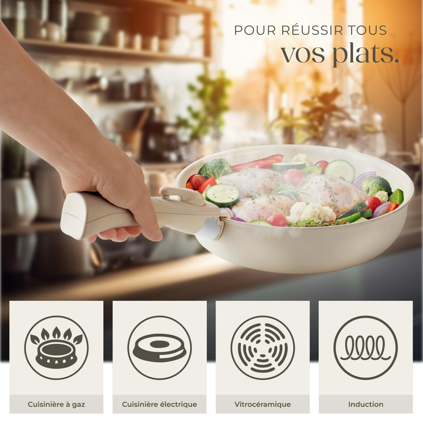 tectake® Batterie de cuisine 16 pcs, 2 Casseroles, 3 Poeles, 4 couvercles, 3 protège Casseroles Spatule Louche Induction gaz Vitrocéramique Poignées amovibles Revêtement antiadhésif en céramique Blanc