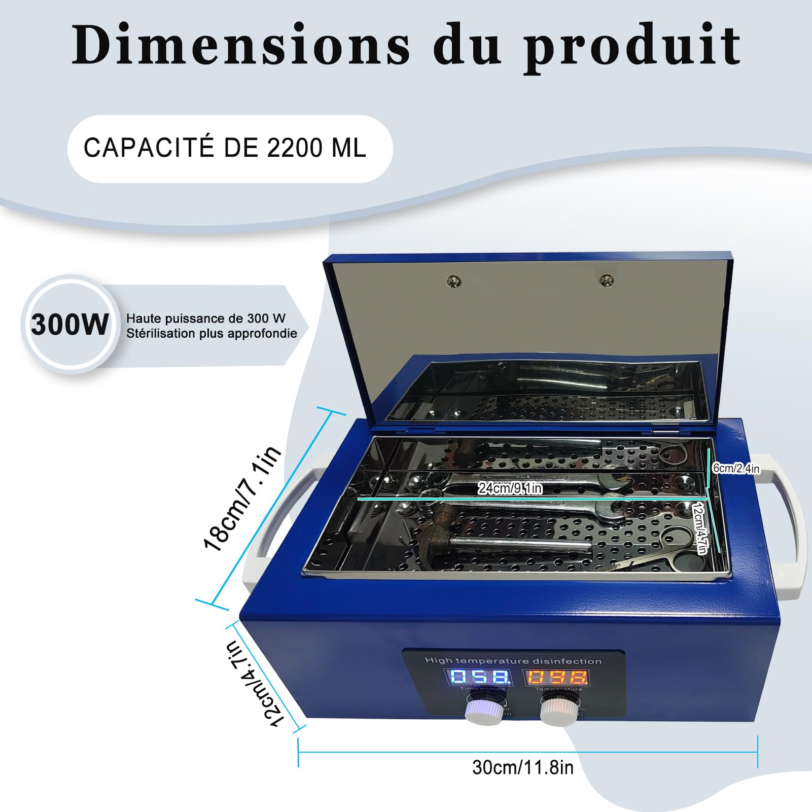 300W Sterilisateur electrique, 230℃ autoclave stérilisateur, 2.2L Stérilisateur pour ongles, convient pour les outils de manucure, de beauté, dentaires, etc.