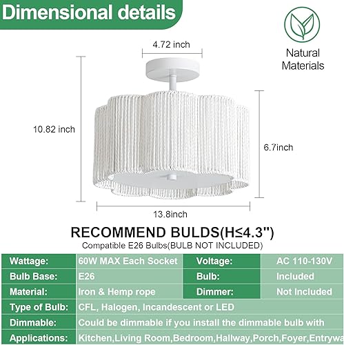 Miniatura 5 de Lámpara de Techo de 3 Luces Tejida de Flor de Ciruelo Nevado - Accesorio de Dormitorio de Ratán Tejido a Mano Boho, Montaje al Ras de Fibra Natural