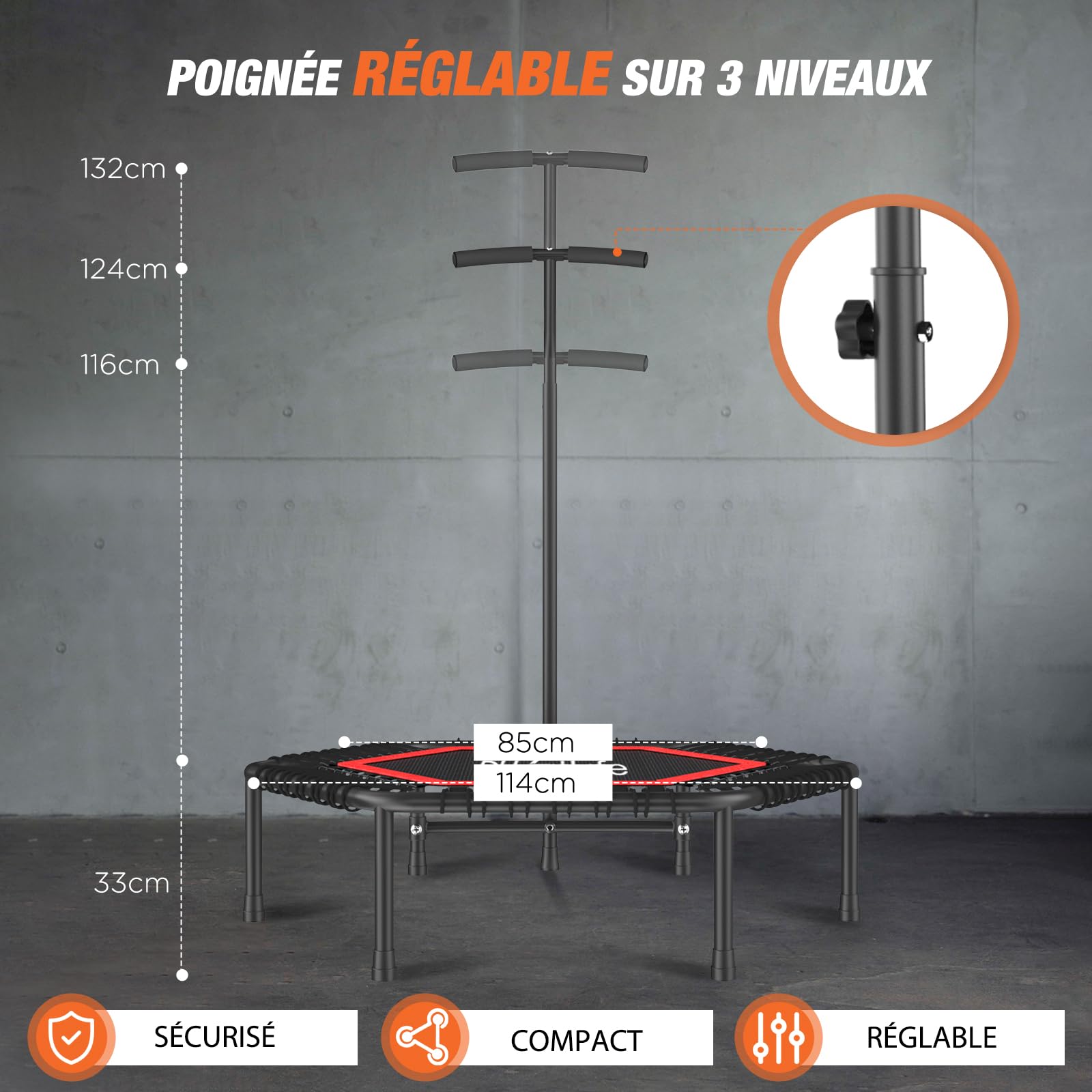 DH FitLife Trampoline Fitness Indoor | Ø114cm 45 Pouces Mini Trampoline | Capacité 150 KG | avec 3 Niveaux de poignée réglables | Stable et Silencieux