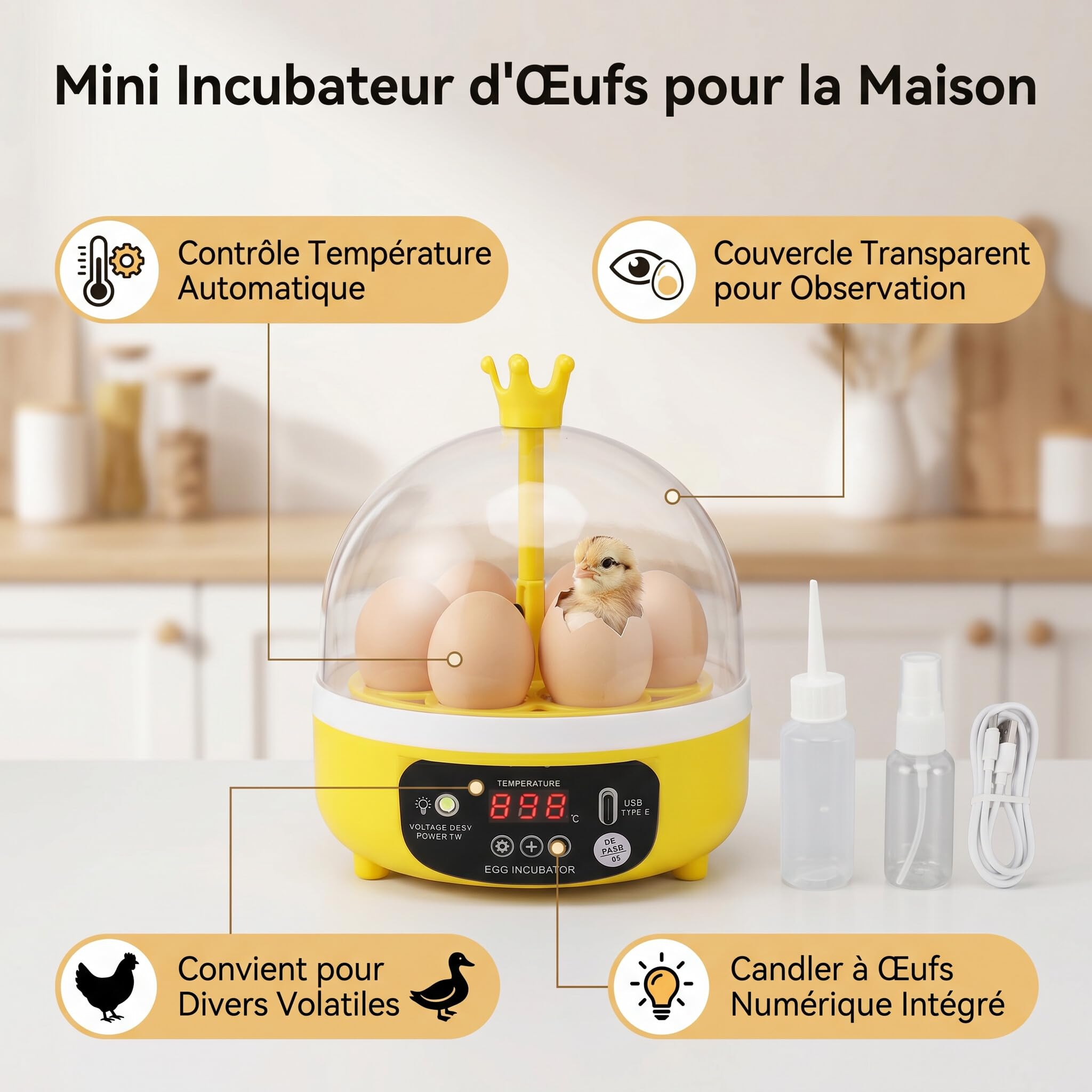 Zerodis Mini Incubatrice per Uova, Materiale ABS, Controllo Automatico della Temperatura, Macchina da Cova per Uova di Gallina e Anatra, 7 Watt, Ideale per Uso Domestico (Svolta automatica)
