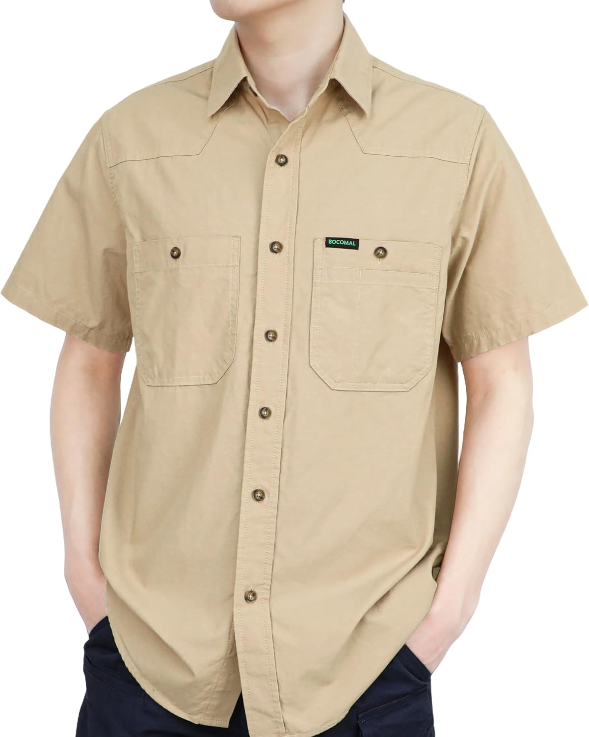 BOCOMAL Men's Short Sleeve Button Down Work Shirts Summer Relaxed Fit - Lightweight 100% C Chambray, EX-Soft, Utility Pockets