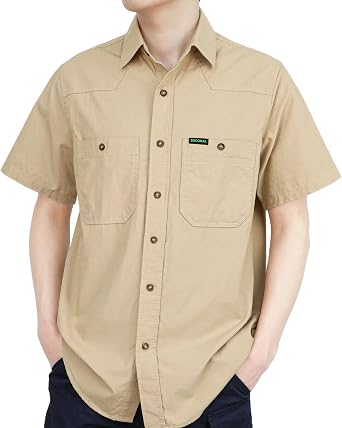BOCOMAL Non FR - Mens Short Sleeve Button Down Work Shirts Relaxed Fit | 100% Cotton Chambray, 5oz Lightweight, Western Style, EX-Soft, Durable and Breathable, Utility Pockets